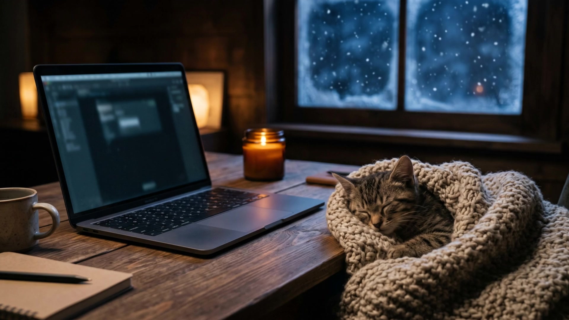 A laptop on a cozy desk at night, with a sleeping kitten, a candle, and a knit throw.