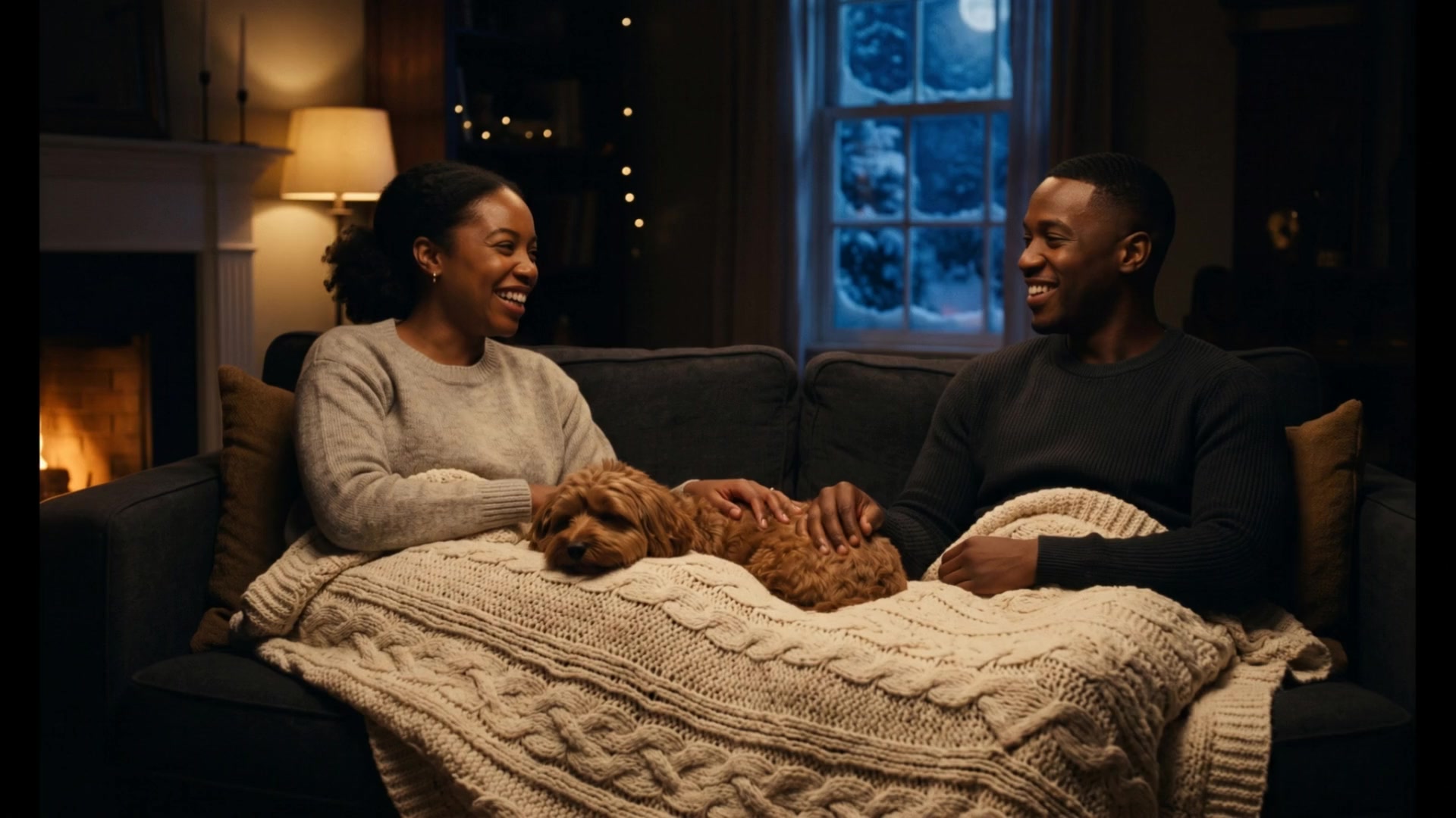 Two friends and a dog sharing a blanket on a couch, with fairy lights and snow at the window.